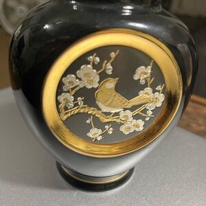 Vintage Art of Chokin Elegant Black and Gold Vase with Bird Design